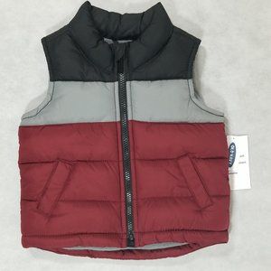 Old Navy Puffer Vest Toddler Boys 12-18m Burgundy Gray‎ Sleeveless Full Zip NWT
